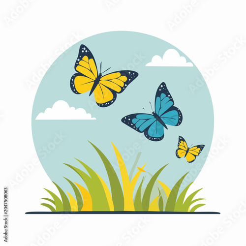 Three colorful butterflies flying over green grass with clouds in the sky
