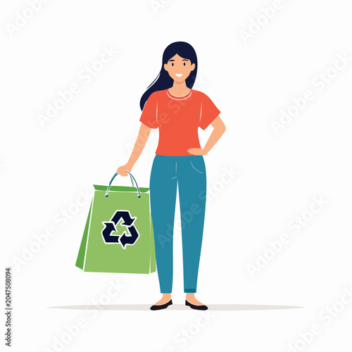Woman Holding a Reusable Shopping Bag with Recycling Symbol