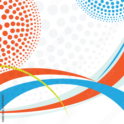 Abstract background with red and blue halftone circles and wavy lines