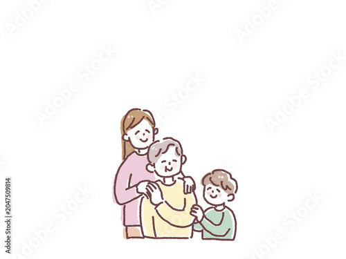 高齢女性を見守る親子のイメージイラスト