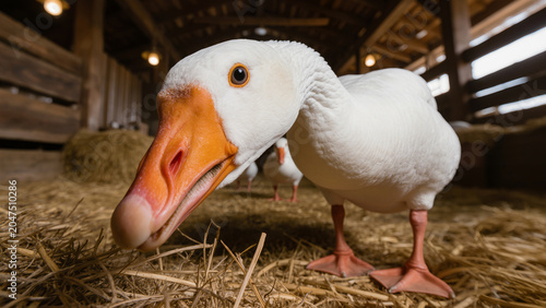 Curious white goose close up in rustic barn. Eco farming and free range poultry. Organic farm animal portrait. Sustainable agriculture