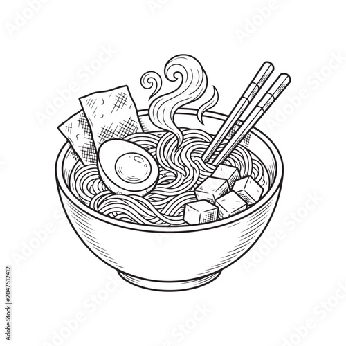 Steaming bowl of ramen noodles with egg and chopsticks