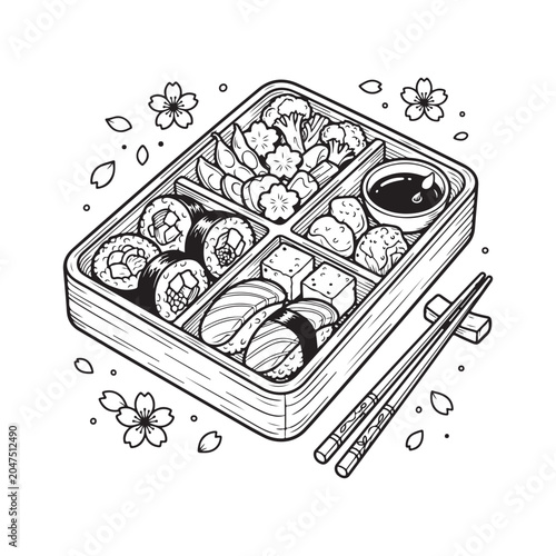 Bento box with sushi rolls and chopsticks