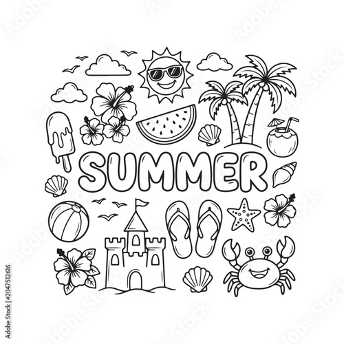 Summer doodle illustrations with beach icons and text