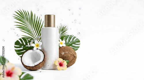 Summer Skincare Advertising Banner with Tropical Cosmetic Display Isolated On White
