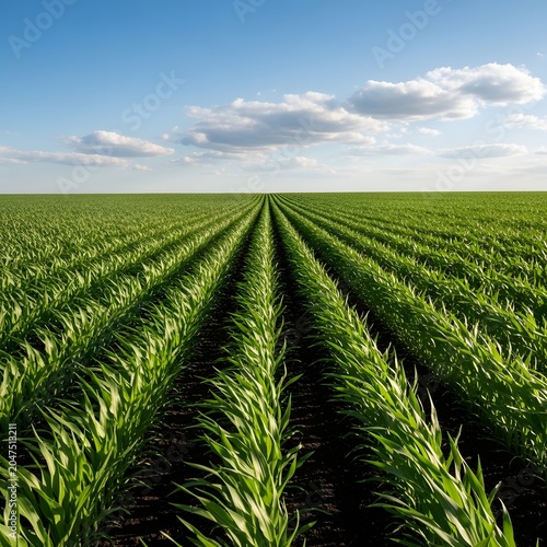 Cornfield stretches across the horizon under a clear blue sky with rows of vibrant green crops.