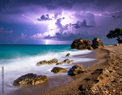 A rocky beach during a stormy night with lightning