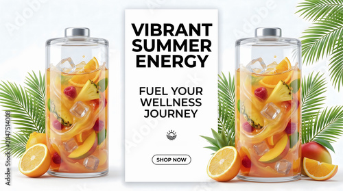 Summer Energy Boost Promotional Poster with Tropical Battery Concept
