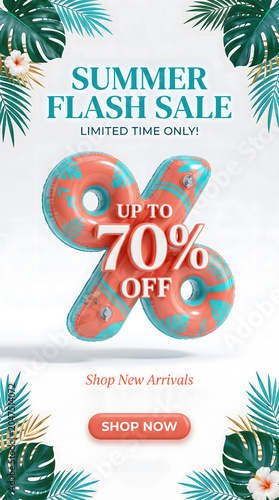 Modern summer flash sale promotional template featuring a tropical percentage symbol, vibrant seasonal colors and clean white background for ecommerce marketing campaigns