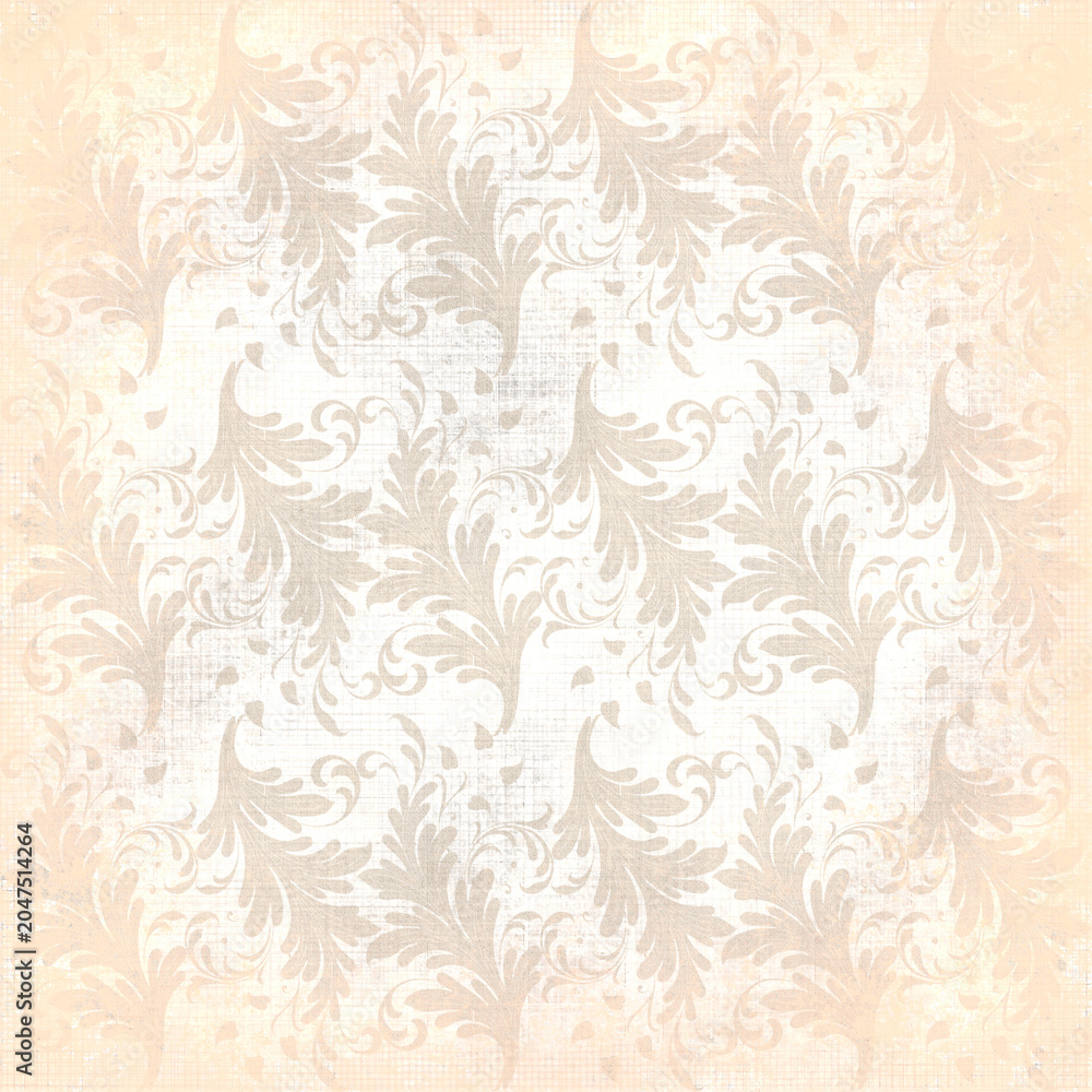 Fototapeta premium Cream and beige botanical damask pattern with ornate leaf motifs and aged texture. Classic vintage wallpaper style for textiles, wrapping paper and interior design.