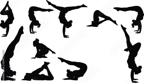 Konstfotografi Silhouettes set of flexible women performing advanced yoga poses, handstands, an