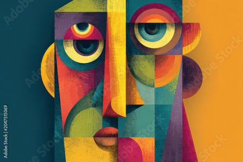 Abstract human face formed from overlapping surreal shapes and artistic geometric elements