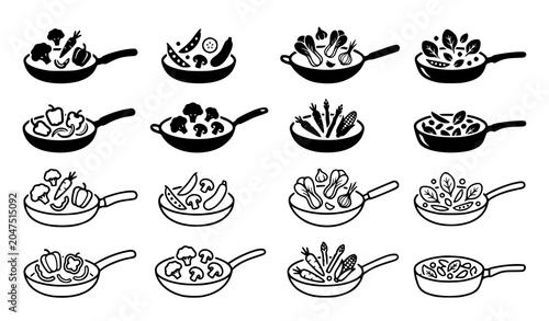 Obraz na plátně Healthy Stir Fry Pan Icons Vector Set in Silhouette and Outline Styles