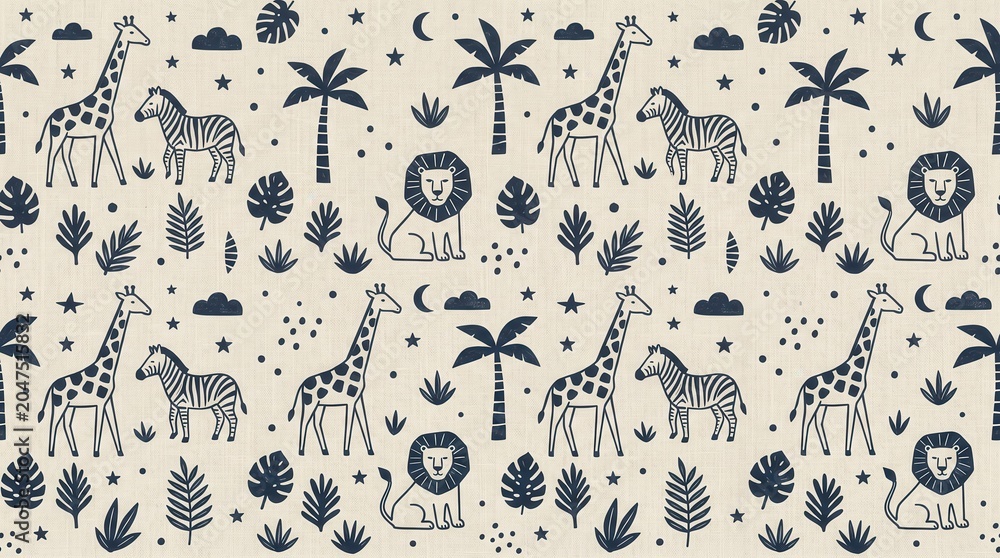 Obraz premium Playful pattern of safari animals, palm trees, and stars on a cream fabric texture