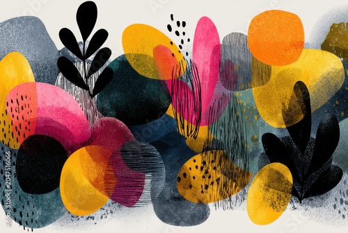 Abstract flat composition featuring organic hand-drawn shapes and flowing forms