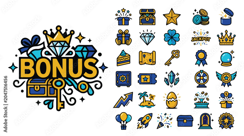 Fototapeta premium Casino bonus icons set, 30 gambling rewards and game elements vector, gold and blue jackpot symbols for mobile apps and betting websites
