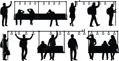 Schilderij op canvas Silhouettes set of passengers sitting and standing in subway train, concepts of