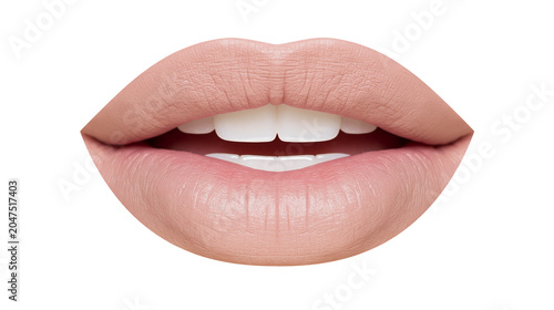 Obraz na plátně Full lips with matte nude lipstick and white teeth, isolated on transparent back