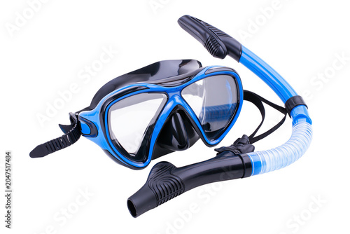 Blue and black diving mask with snorkel, isolated on transparent background