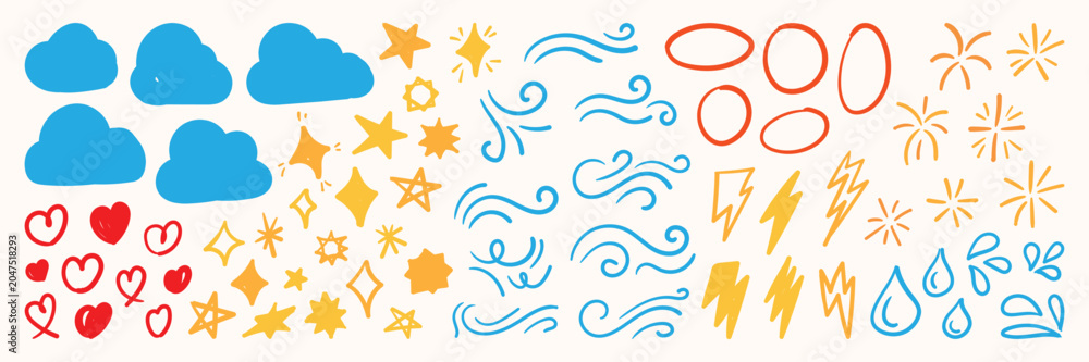 Naklejka premium Hand Drawn Weather Doodle Elements Collection. Set of star, clouds, lightning thunder bolts, raindrops wind swirls, heart and decorative scribbles.
