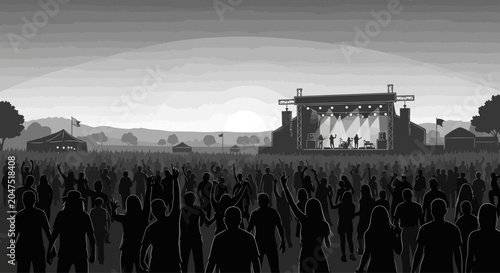 A large crowd of people standing together at an outdoor music festival concert.