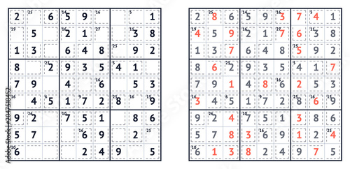 Schilderij op canvas Sudoku puzzle grid with solved and unsolved sections in white
