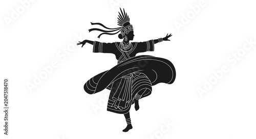 Foto Silhouette of a traditional Hmong dancer in ornate ethnic costume performing a cultural folk dance
