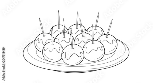 Foto A line art illustration of a plate filled with delicious takoyaki octopus balls