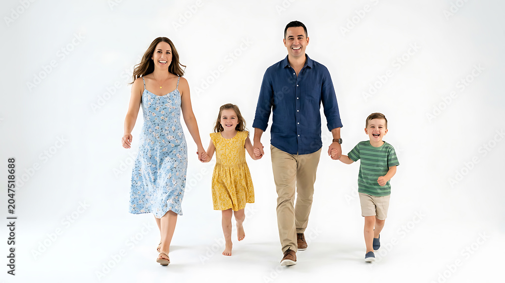 Fototapeta premium Happy young family of four walking together holding hands against white