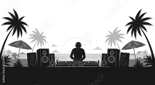 Bild auf Leinwand A silhouette of a disc jockey performing at a beach party setup.