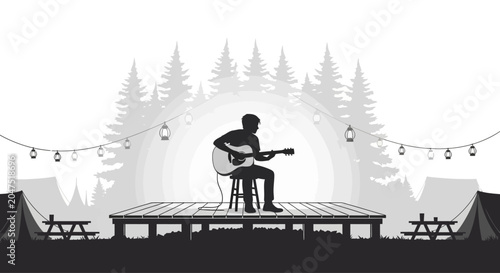 Billede på lærred A silhouette of a musician playing an acoustic guitar while sitting on a wooden stool