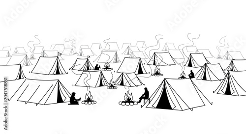 Obraz na płótnie A collection of camping tents arranged in a field with people sitting by campfires