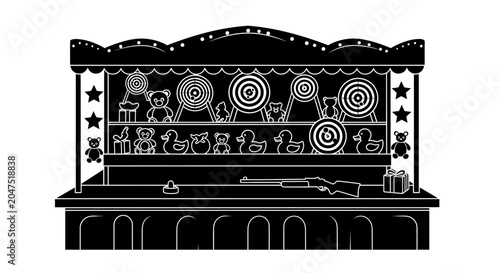 Tableau sur toile A black and white illustration of a carnival shooting gallery game stall