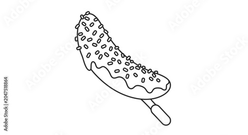 A black and white line art illustration of a chocolate covered frozen banana on a stick.