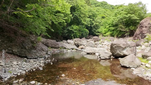 山間を流れる澄んだ清流を上空から捉えた癒やしの大自然ドローン映像