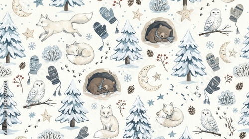 Seamless pattern: white foxes, owls, sleeping bears, snowy pines, mittens, berries