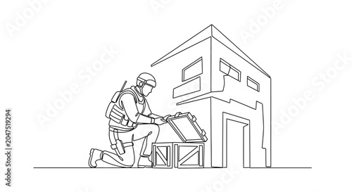 Fotografía Soldier finds treasure chest near military building, one line art