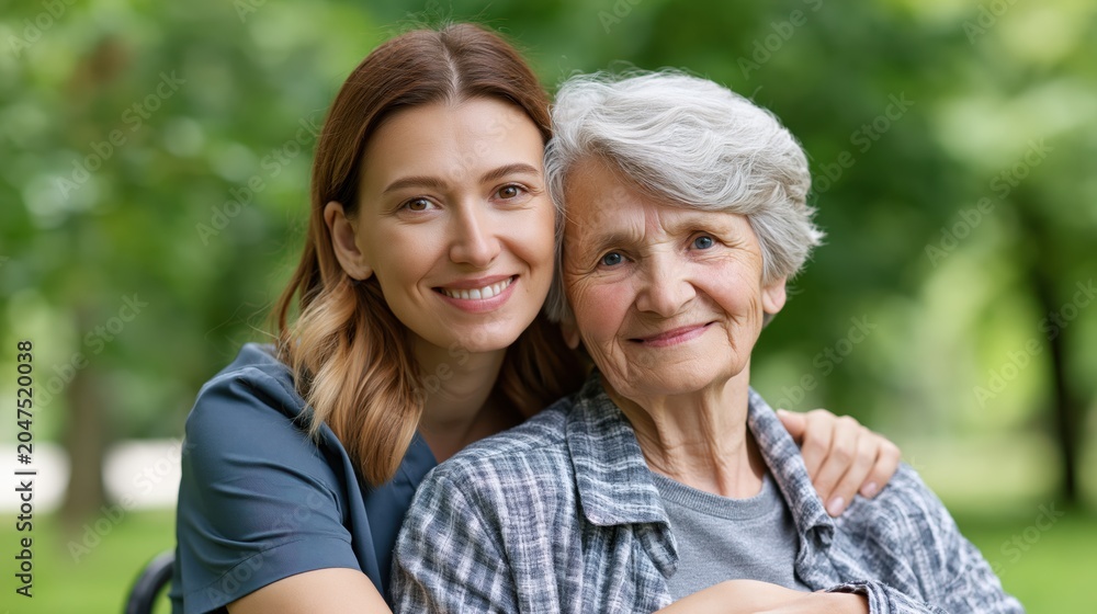 Naklejka premium Young woman embraces elderly woman in wheelchair outdoors with a warm smile