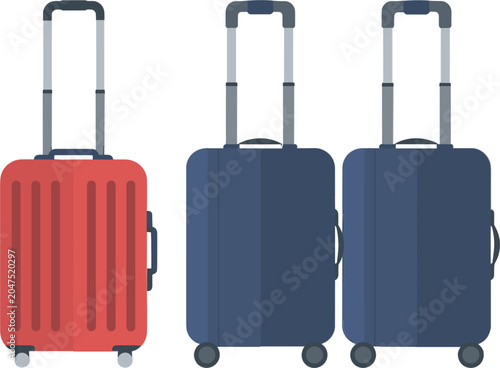 Rolling travel luggage set vector illustration, wheeled suitcases for vacation and business trips