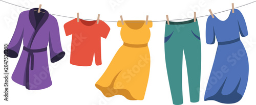 Clothes hanging on clothesline vector illustration, assorted garments drying after laundry washing