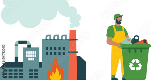 Industrial pollution and recycling worker vector illustration, environmental protection and waste management concept