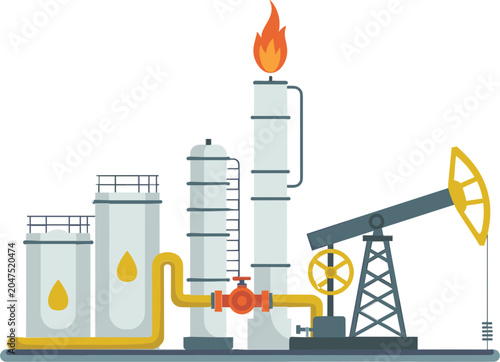 Oil refinery and pumpjack vector illustration, petroleum extraction industry infrastructure and energy production