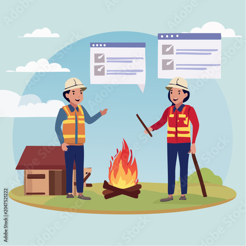 Team discussing safety procedures around a campfire