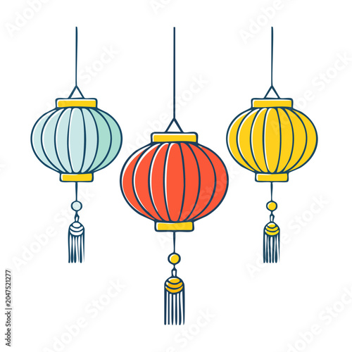 Three colorful hanging lanterns with tassels