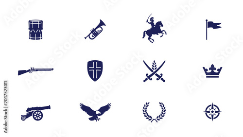 Bild auf Leinwand French historical icons drum trumpet cavalryman flag musket shield swords crown