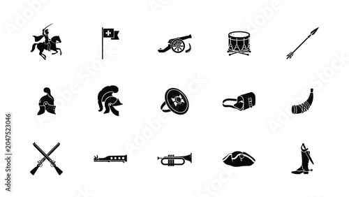 Billede på lærred Set of black icons representing historical war elements for diverse creative art projects