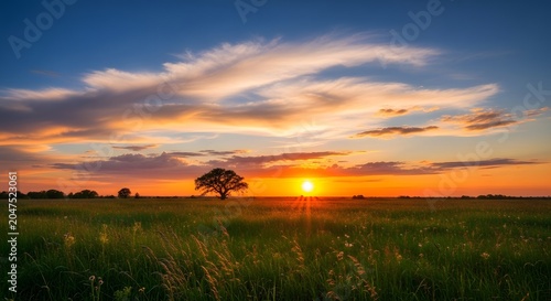 Grassland stretches toward the horizon under a dramatic sunset sky with a solitary tree standing in the distance.