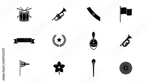 Photos Marching band and military parade symbols black and white vector icons