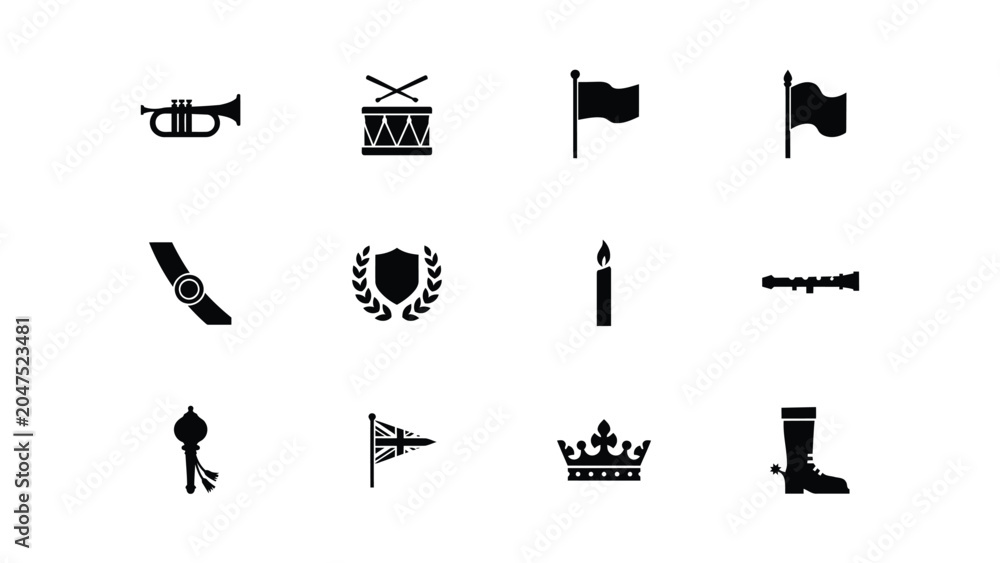 Fototapeta premium Coronation day symbols black silhouette icons set isolated on white background flat vector illustration.