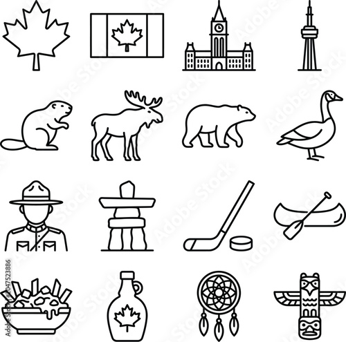 Canadian cultural and national symbols in line art style on white background